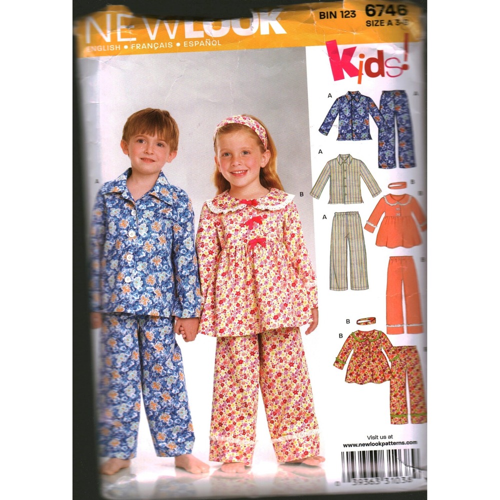 New Look 6746 Kids Pajamas Sewing Pattern Tunic Shirt Pants Size A 3-8 cut